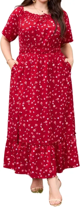 Theenkoln Womens Plus Size Dresses Floral Print Short Sleeve Square Neck Tie Front Slit Hem Maxi Dresses with Pockets