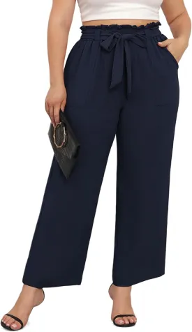 TIANZHU Plus Size Pants for Women - Wide Leg Linen Pants High Waisted Flowy Casual Lounge Trousers with Pockets