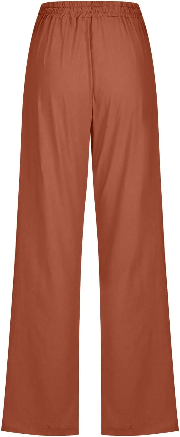 Uillui Work Pants for Women Casual Lightweight Elastic Waist Straight Trousers Summer Loose Cotton Linen Slacks with Pockets