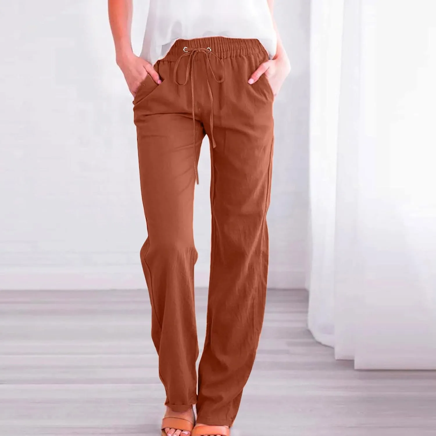 Uillui Work Pants for Women Casual Lightweight Elastic Waist Straight Trousers Summer Loose Cotton Linen Slacks with Pockets