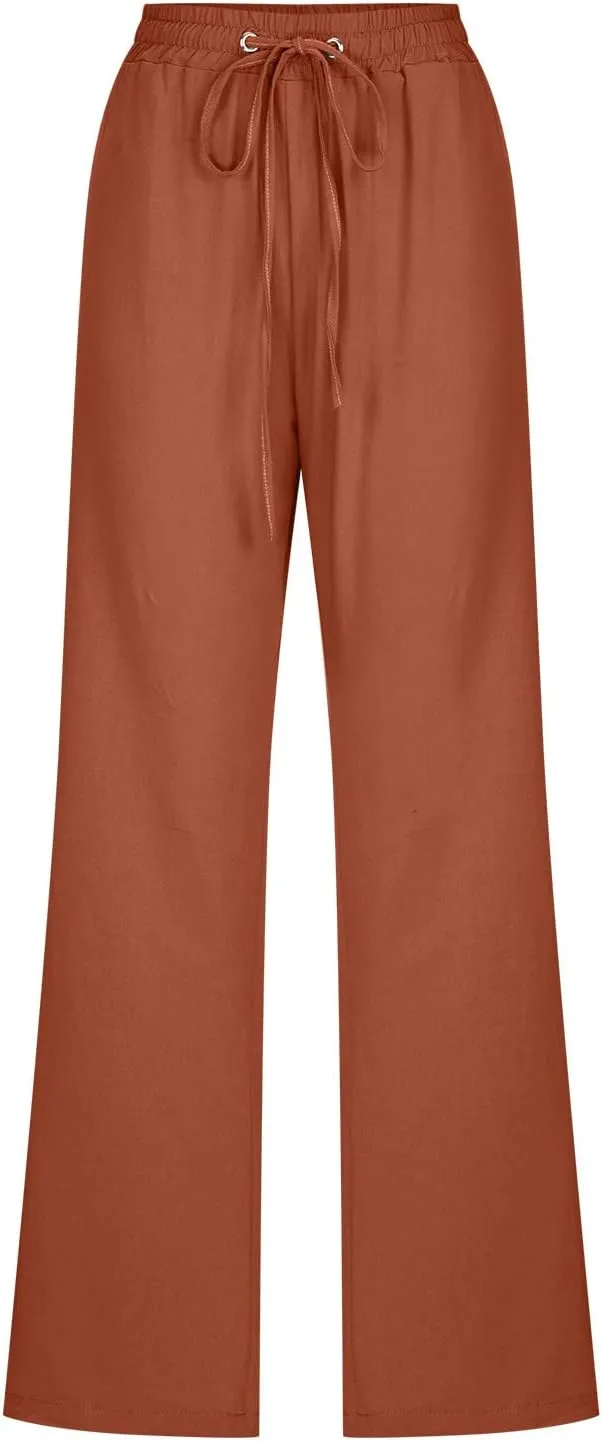 Uillui Work Pants for Women Casual Lightweight Elastic Waist Straight Trousers Summer Loose Cotton Linen Slacks with Pockets