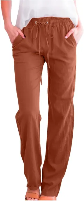 Uillui Work Pants for Women Casual Lightweight Elastic Waist Straight Trousers Summer Loose Cotton Linen Slacks with Pockets
