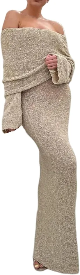 Unybwonn Sexy Off Shoulder Crochet Maxi Dress for Women Bodycon Stretchy Mesh Knit Dress Long Sleeve Party Wrap Dresses