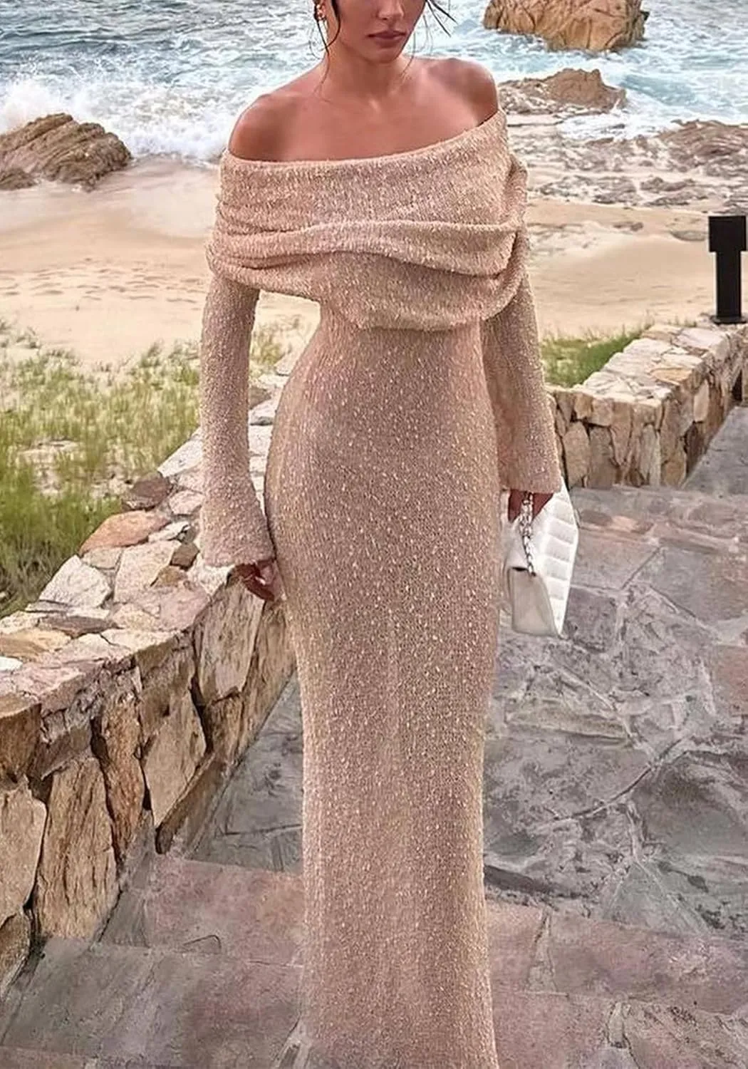 Unybwonn Sexy Off Shoulder Crochet Maxi Dress for Women Bodycon Stretchy Mesh Knit Dress Long Sleeve Party Wrap Dresses