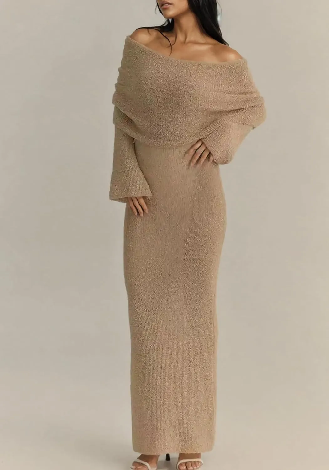 Unybwonn Sexy Off Shoulder Crochet Maxi Dress for Women Bodycon Stretchy Mesh Knit Dress Long Sleeve Party Wrap Dresses
