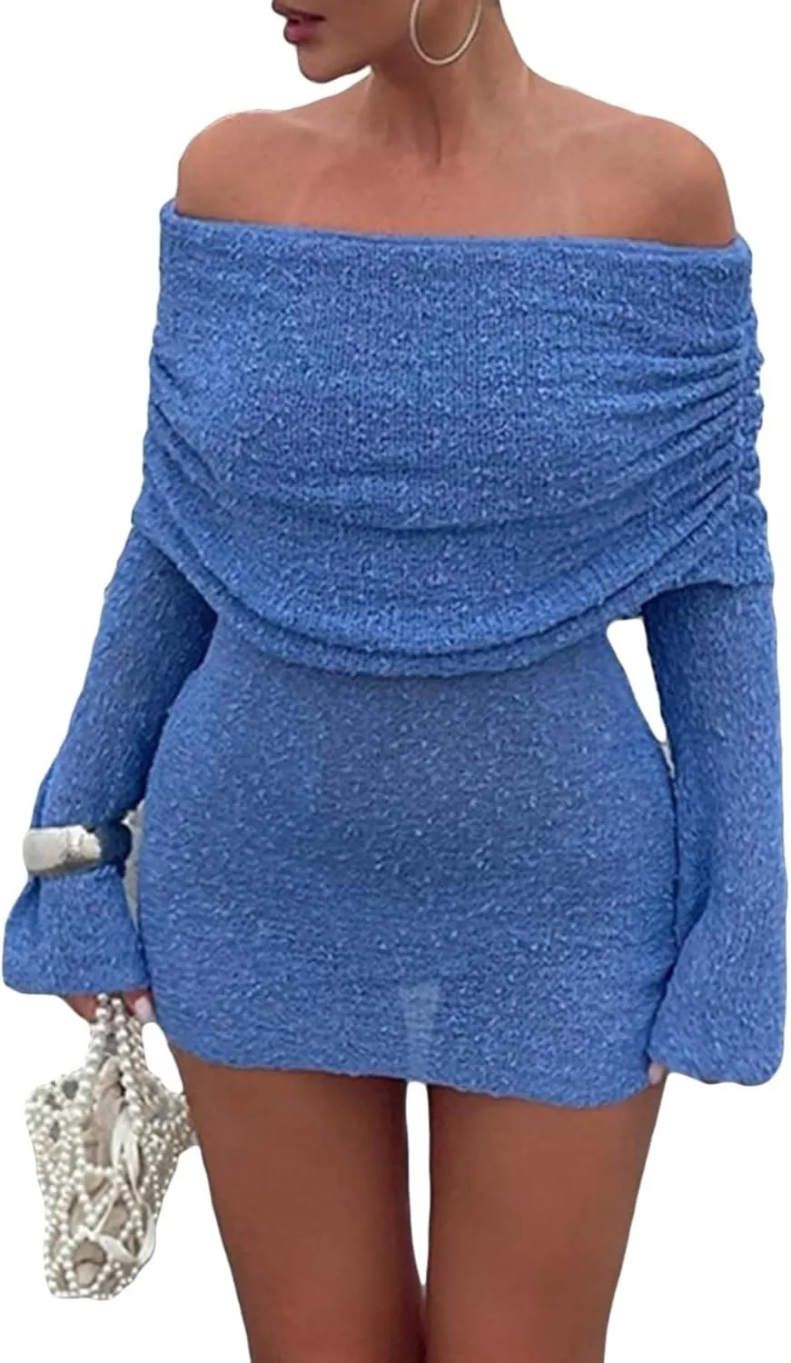 Unybwonn Women's Off Shoulder Mini Short Dress Bodycon Long Sleeve Crochet Sexy Going Out Mesh Elegant Sweater Dresses
