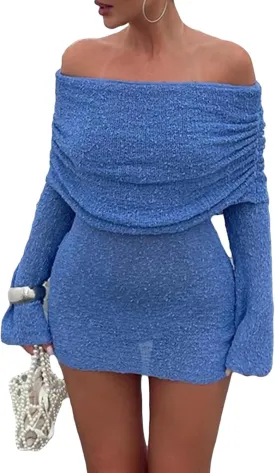 Unybwonn Women's Off Shoulder Mini Short Dress Bodycon Long Sleeve Crochet Sexy Going Out Mesh Elegant Sweater Dresses