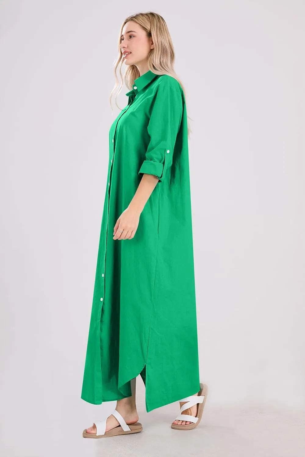 utcoco Summer Dresses for Women 2025 Casual Loose Split Long Sleeve Button Down Maxi Shirt Dress