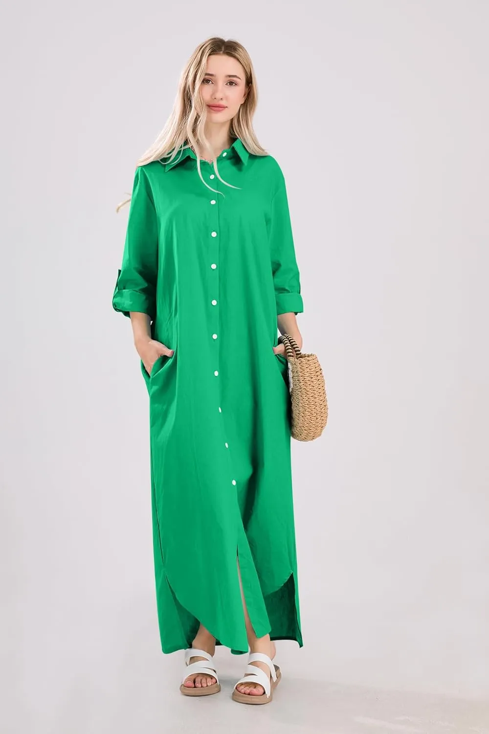 utcoco Summer Dresses for Women 2025 Casual Loose Split Long Sleeve Button Down Maxi Shirt Dress