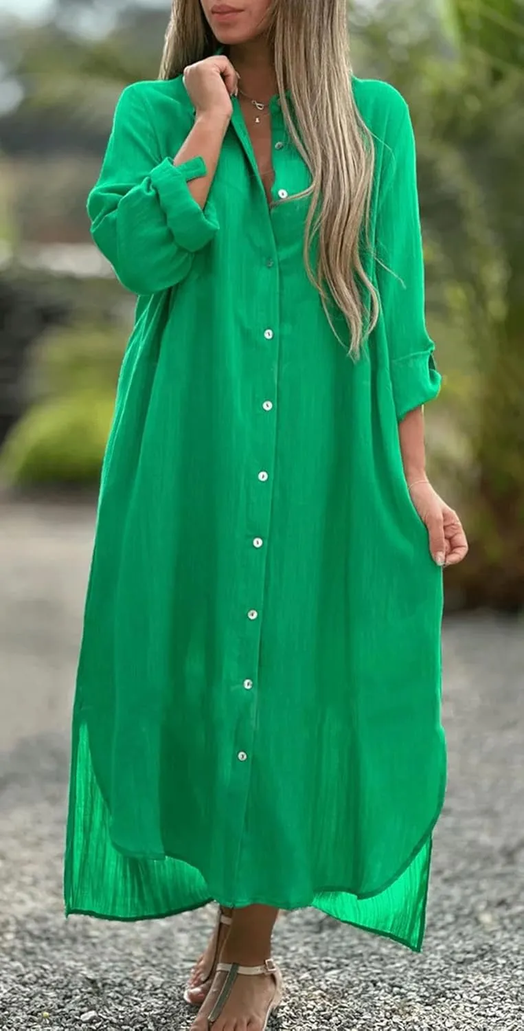 utcoco Summer Dresses for Women 2025 Casual Loose Split Long Sleeve Button Down Maxi Shirt Dress