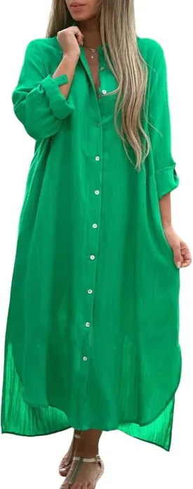 utcoco Summer Dresses for Women 2025 Casual Loose Split Long Sleeve Button Down Maxi Shirt Dress