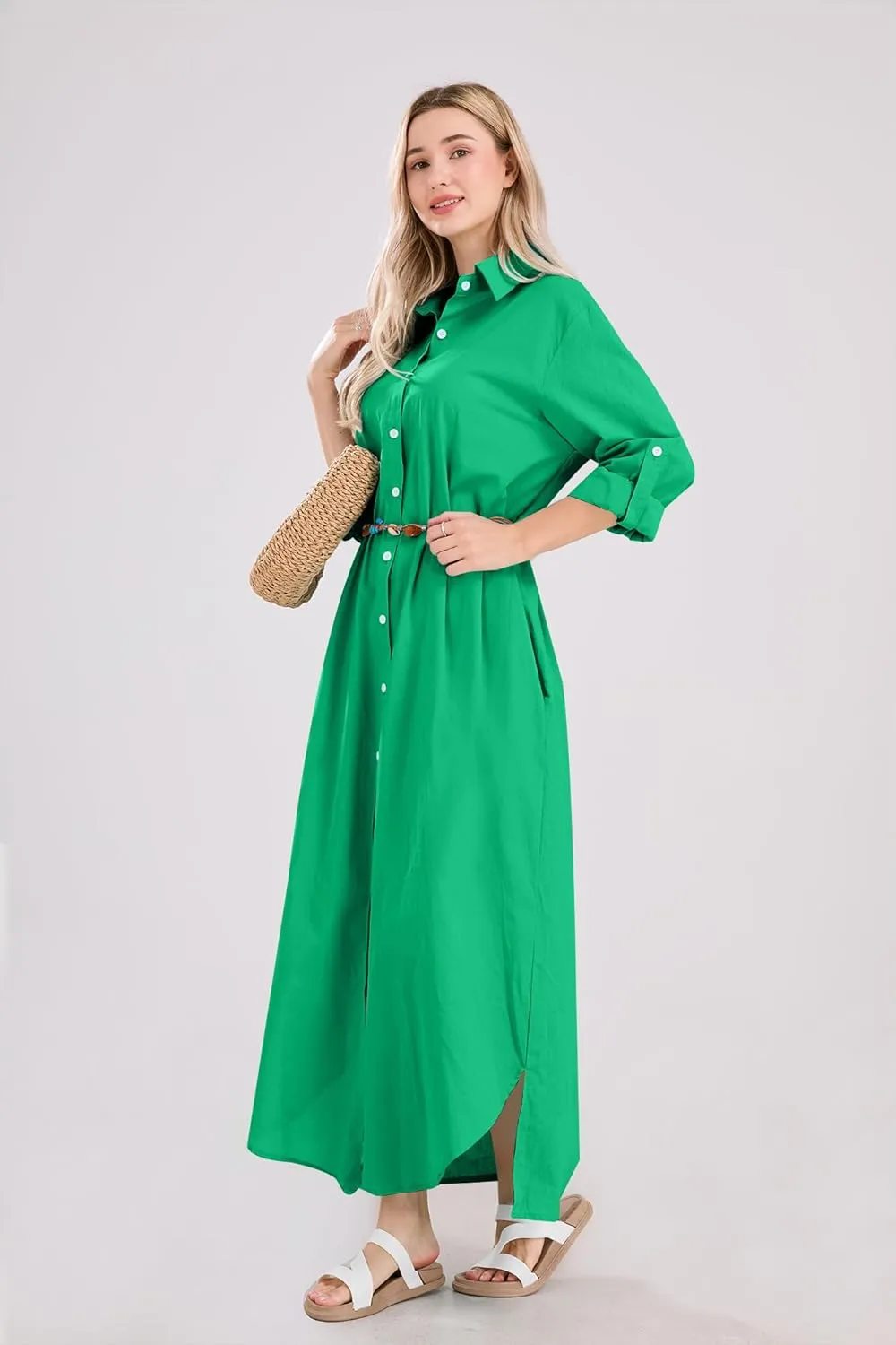 utcoco Summer Dresses for Women 2025 Casual Loose Split Long Sleeve Button Down Maxi Shirt Dress