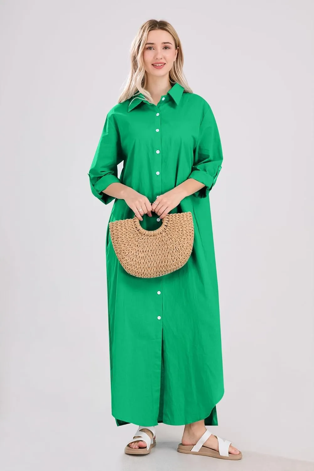 utcoco Summer Dresses for Women 2025 Casual Loose Split Long Sleeve Button Down Maxi Shirt Dress