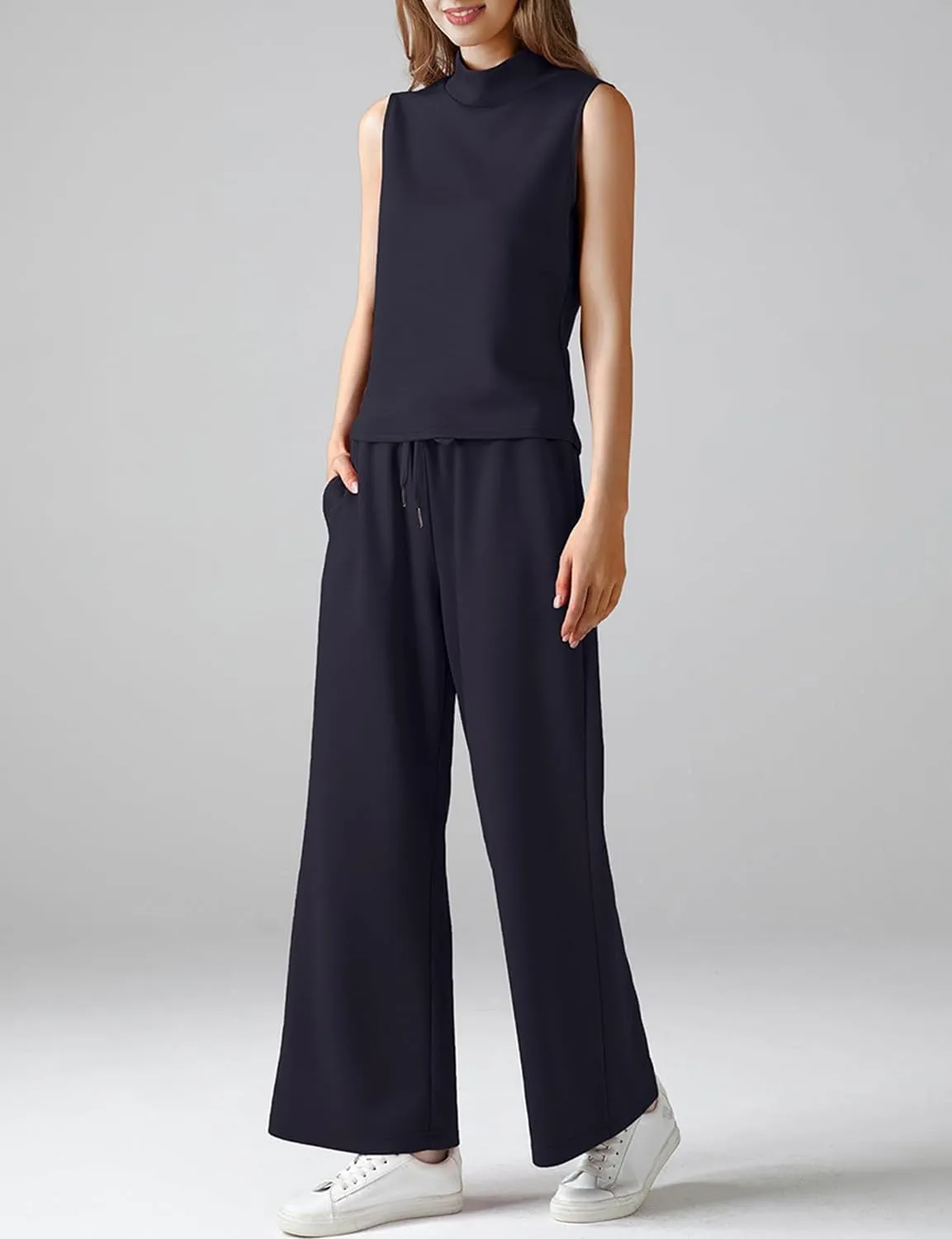 VECVOC Women's Summer 2 Piece Outfits Mock Neck Tank Top Cropped Wide Leg Pants Lounge Sets Tracksuit With Pocket