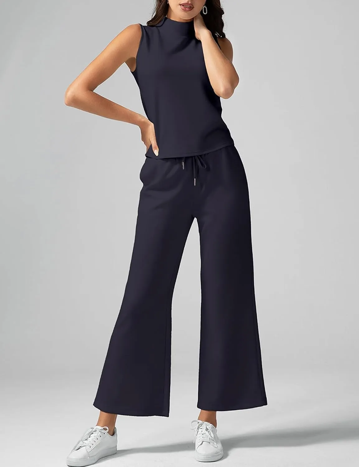 VECVOC Women's Summer 2 Piece Outfits Mock Neck Tank Top Cropped Wide Leg Pants Lounge Sets Tracksuit With Pocket