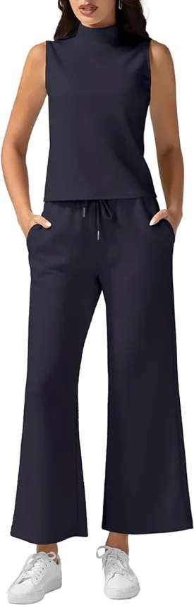 VECVOC Women's Summer 2 Piece Outfits Mock Neck Tank Top Cropped Wide Leg Pants Lounge Sets Tracksuit With Pocket