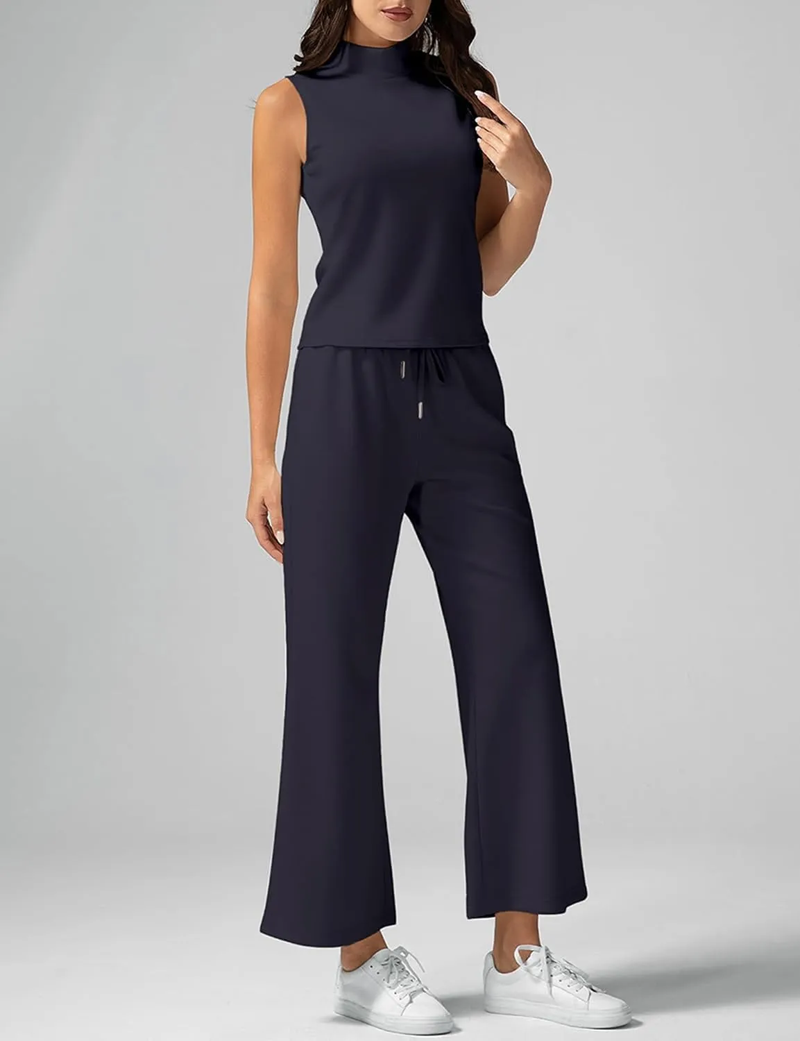 VECVOC Women's Summer 2 Piece Outfits Mock Neck Tank Top Cropped Wide Leg Pants Lounge Sets Tracksuit With Pocket