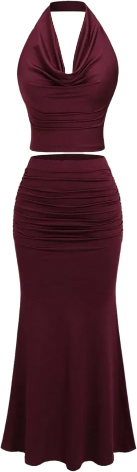 Verdusa Women's 2 Piece Ruched Outfits Drape Neck Crop Halter Top and Fishtail Bodycon Skirt Set