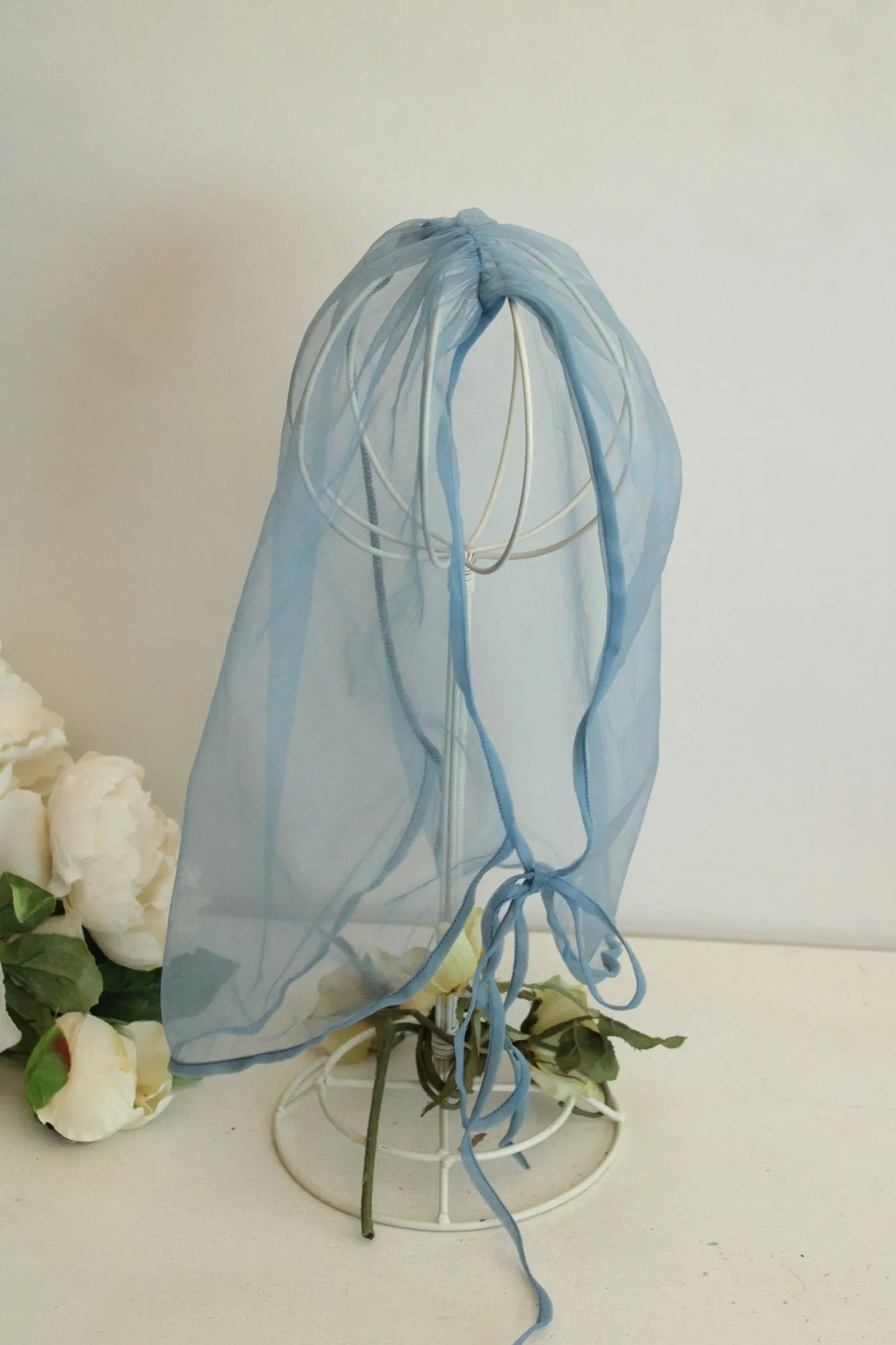 Vintage 1950s 1960s Blue Gray Nylon Chiffon Head Scarf