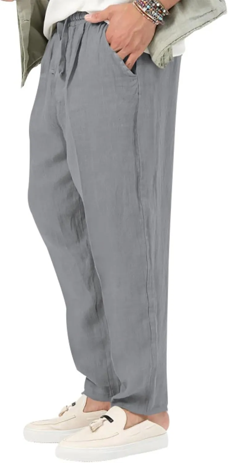 Wankang Men's Casual Linen Pants Elastic Waist Drawstring Beach Summer Pants Straight Leg Lightweight Linen Trousers for Men