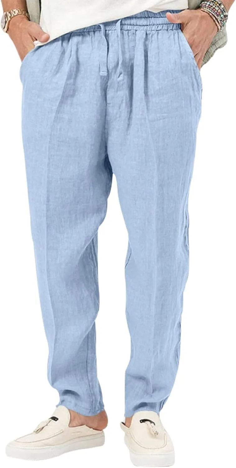 Wankang Men's Casual Linen Pants Elastic Waist Drawstring Beach Summer Pants Straight Leg Lightweight Linen Trousers for Men