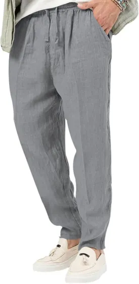 Wankang Men's Casual Linen Pants Elastic Waist Drawstring Beach Summer Pants Straight Leg Lightweight Linen Trousers for Men
