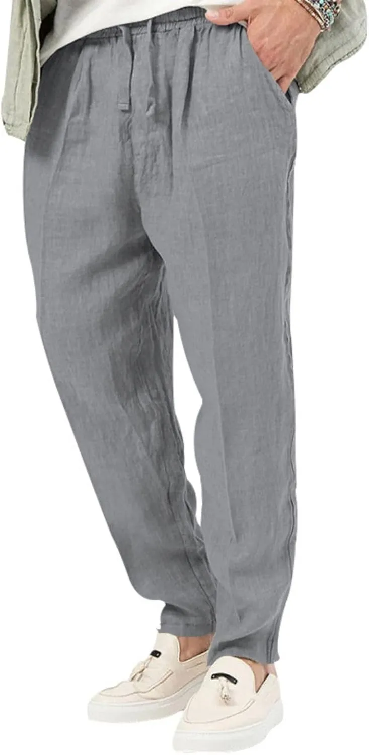 Wankang Men's Casual Linen Pants Elastic Waist Drawstring Beach Summer Pants Straight Leg Lightweight Linen Trousers for Men