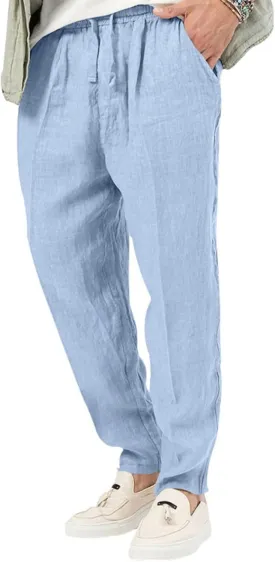 Wankang Men's Casual Linen Pants Elastic Waist Drawstring Beach Summer Pants Straight Leg Lightweight Linen Trousers for Men