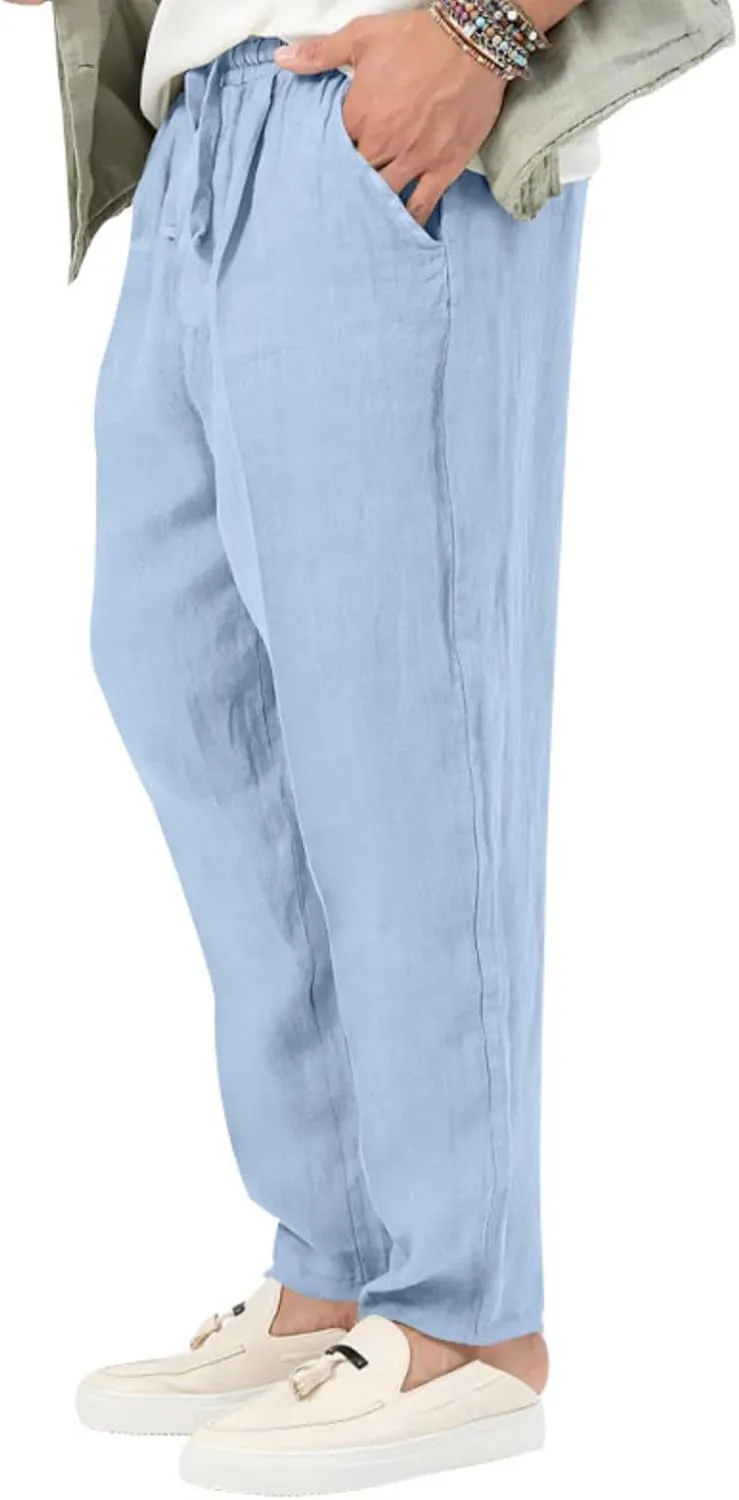 Wankang Men's Casual Linen Pants Elastic Waist Drawstring Beach Summer Pants Straight Leg Lightweight Linen Trousers for Men