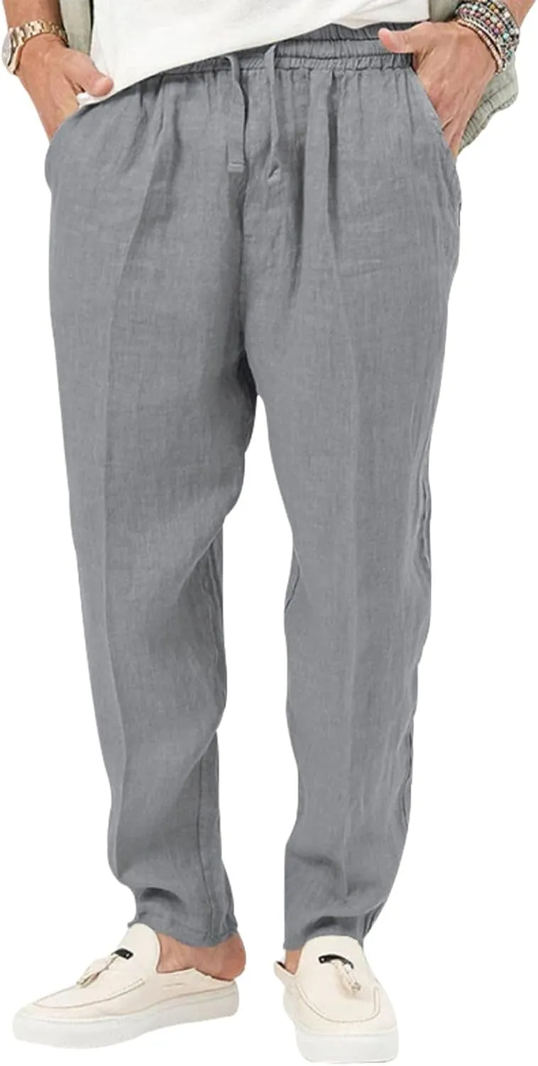 Wankang Men's Casual Linen Pants Elastic Waist Drawstring Beach Summer Pants Straight Leg Lightweight Linen Trousers for Men