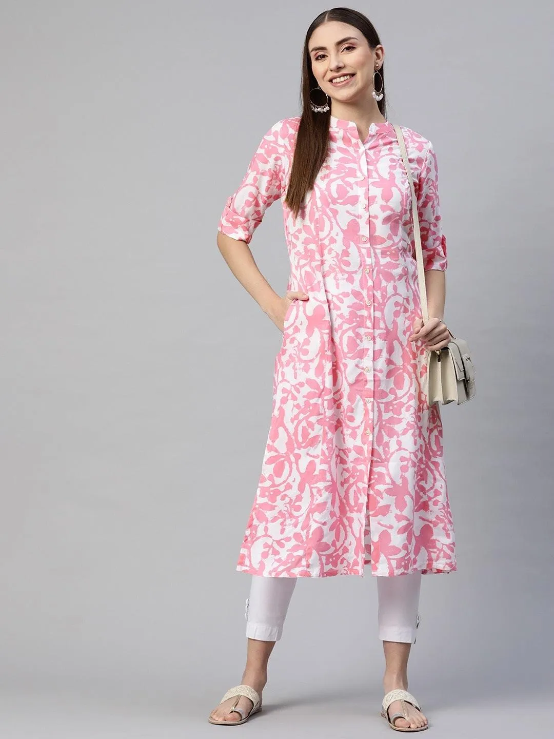 White-Pink Cotton A-Line Kurta