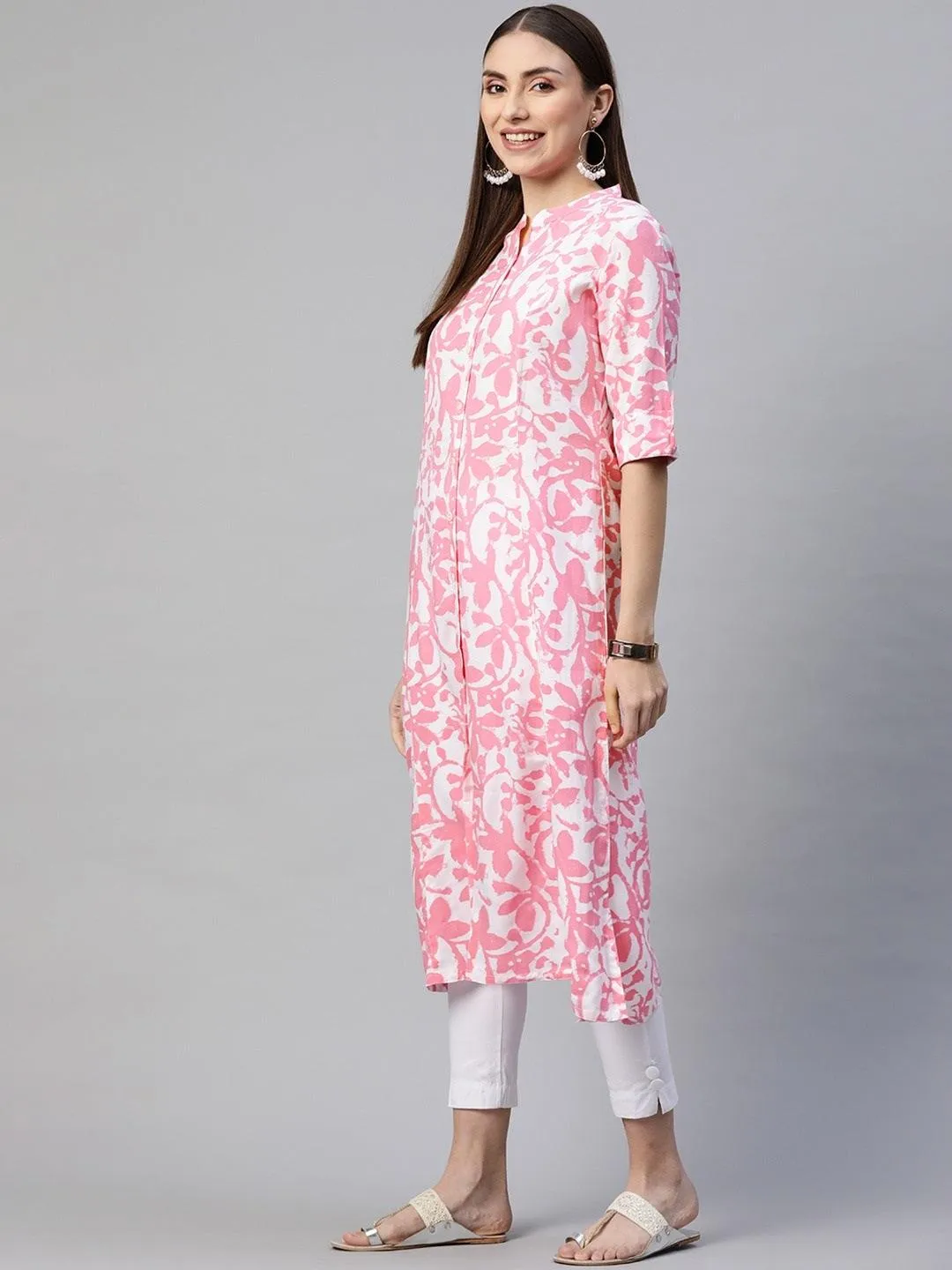 White-Pink Cotton A-Line Kurta