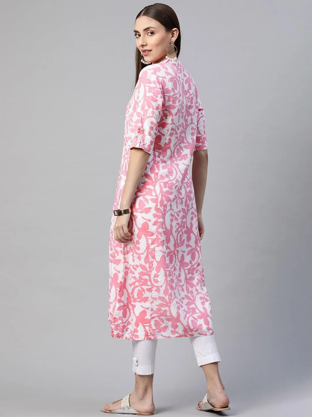 White-Pink Cotton A-Line Kurta