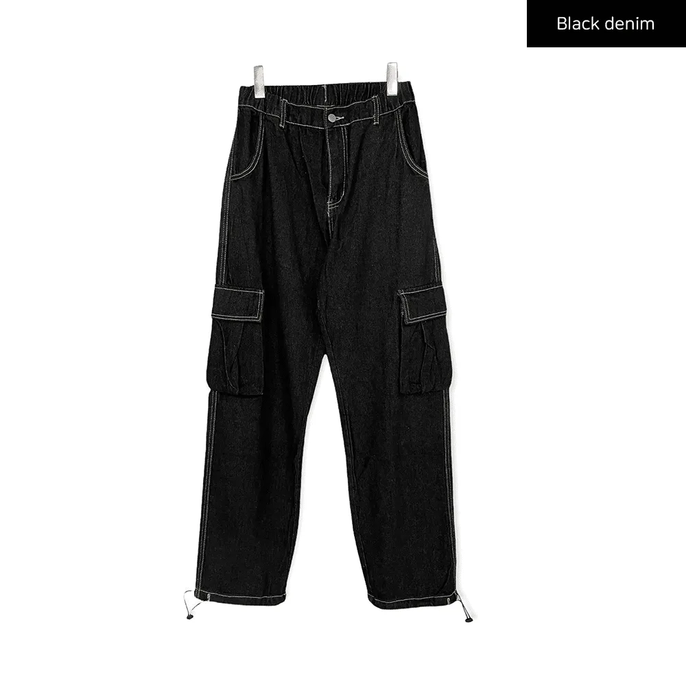 Wide Leg Denim Cargo Pants