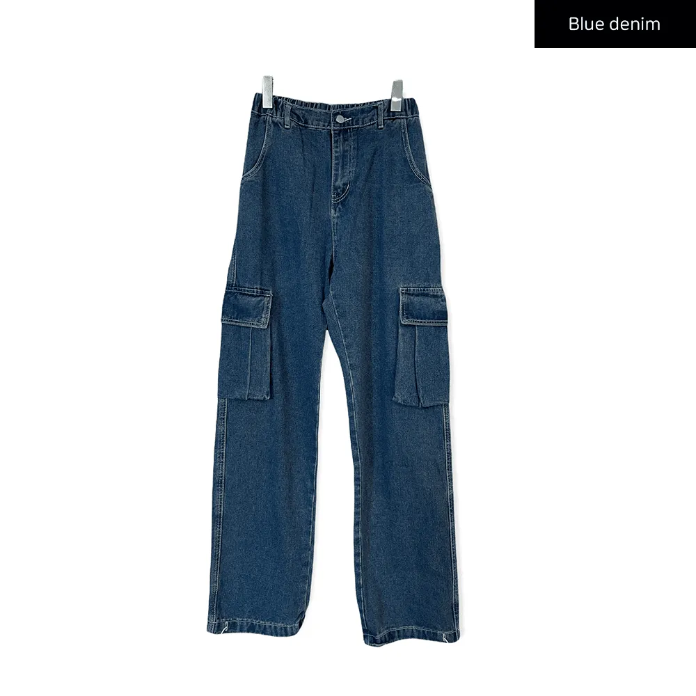 Wide Leg Denim Cargo Pants