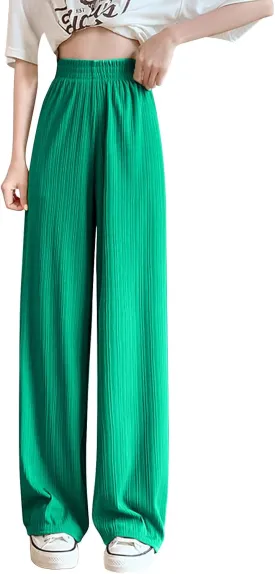 Wide Leg Pants for Women Summer High Waist Elastic Loose Fit Ice Silk Lounge Trouser Flowy Straight Palazzo Pants