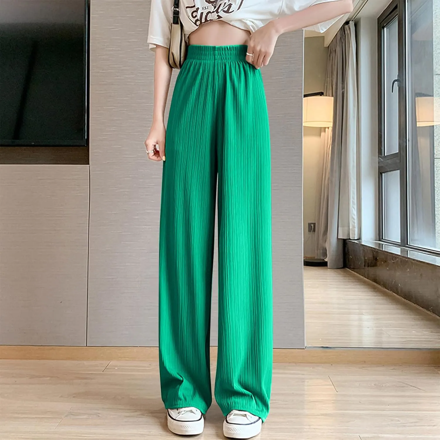 Wide Leg Pants for Women Summer High Waist Elastic Loose Fit Ice Silk Lounge Trouser Flowy Straight Palazzo Pants