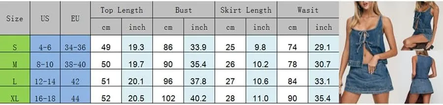 Women 2 Piece Denim Outfits Y2k Sleeveless Tie-up Front Tank Tops and Low Waist A-line Wrap Mini Skirt Set Streetwear