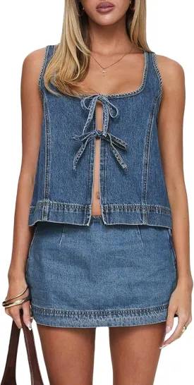 Women 2 Piece Denim Outfits Y2k Sleeveless Tie-up Front Tank Tops and Low Waist A-line Wrap Mini Skirt Set Streetwear