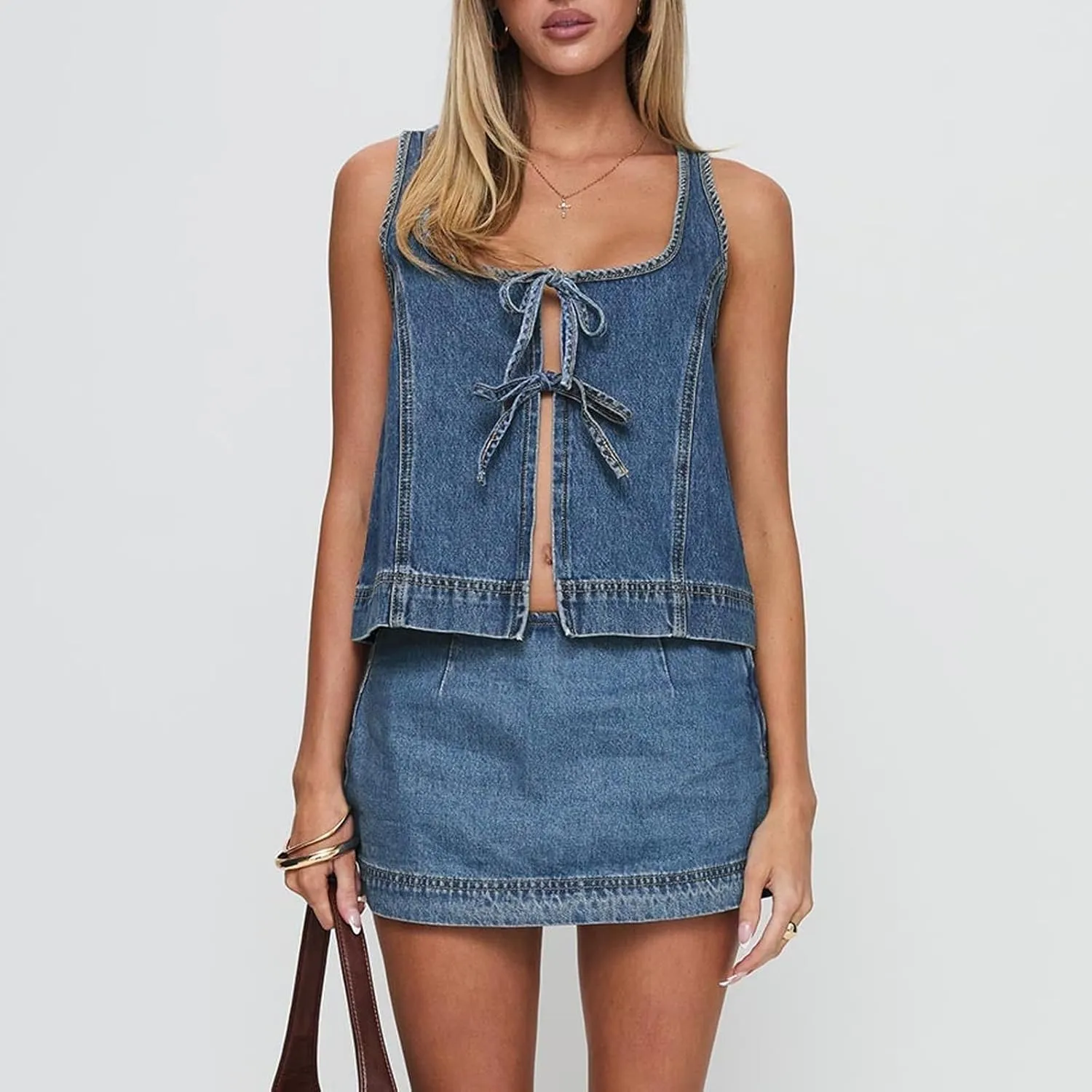 Women 2 Piece Denim Outfits Y2k Sleeveless Tie-up Front Tank Tops and Low Waist A-line Wrap Mini Skirt Set Streetwear