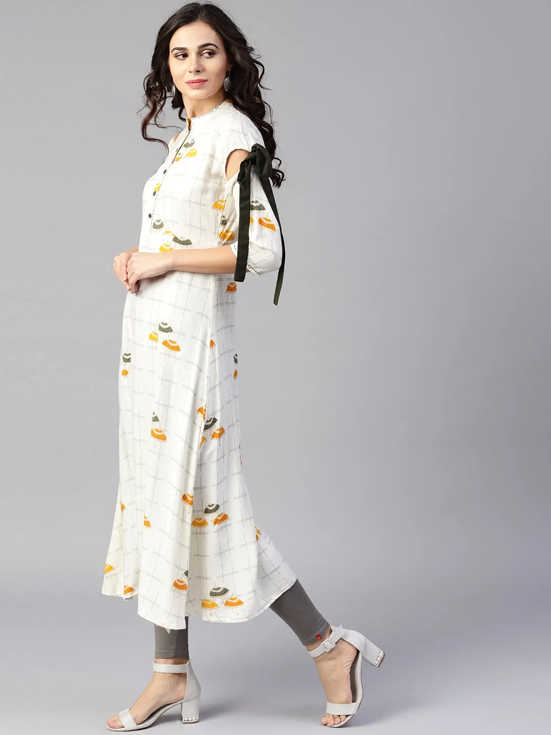 Women Off-White & Mustard Printed Kurta