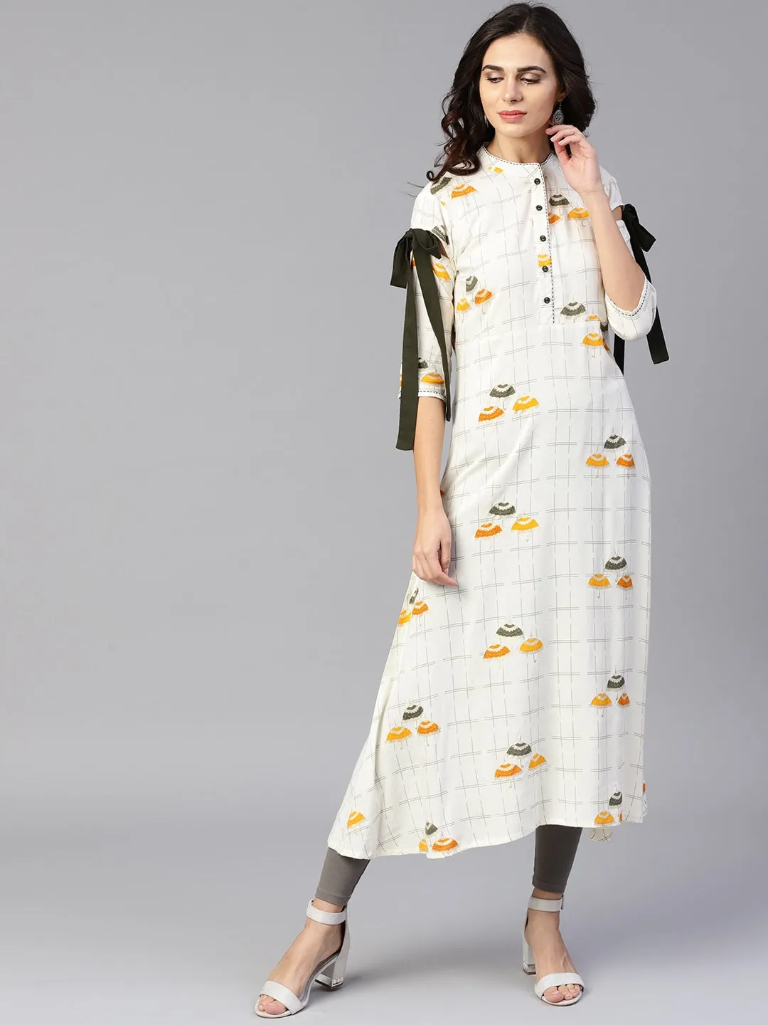 Women Off-White & Mustard Printed Kurta