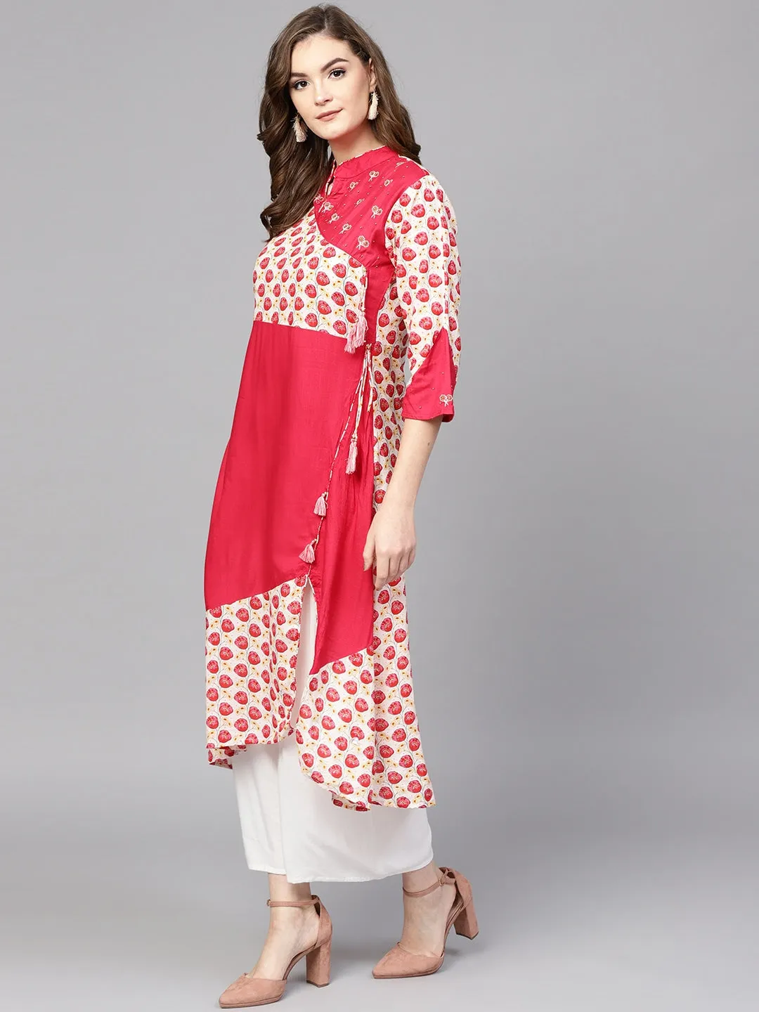Women Pink & White Straight Kurta