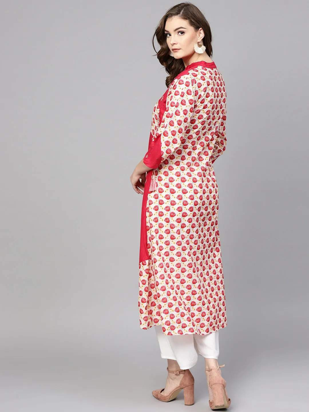 Women Pink & White Straight Kurta