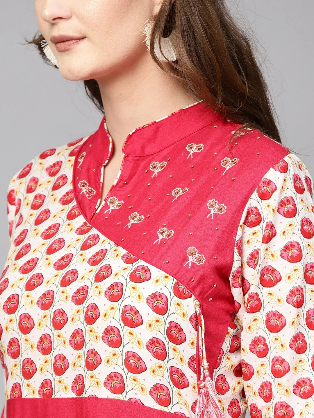 Women Pink & White Straight Kurta