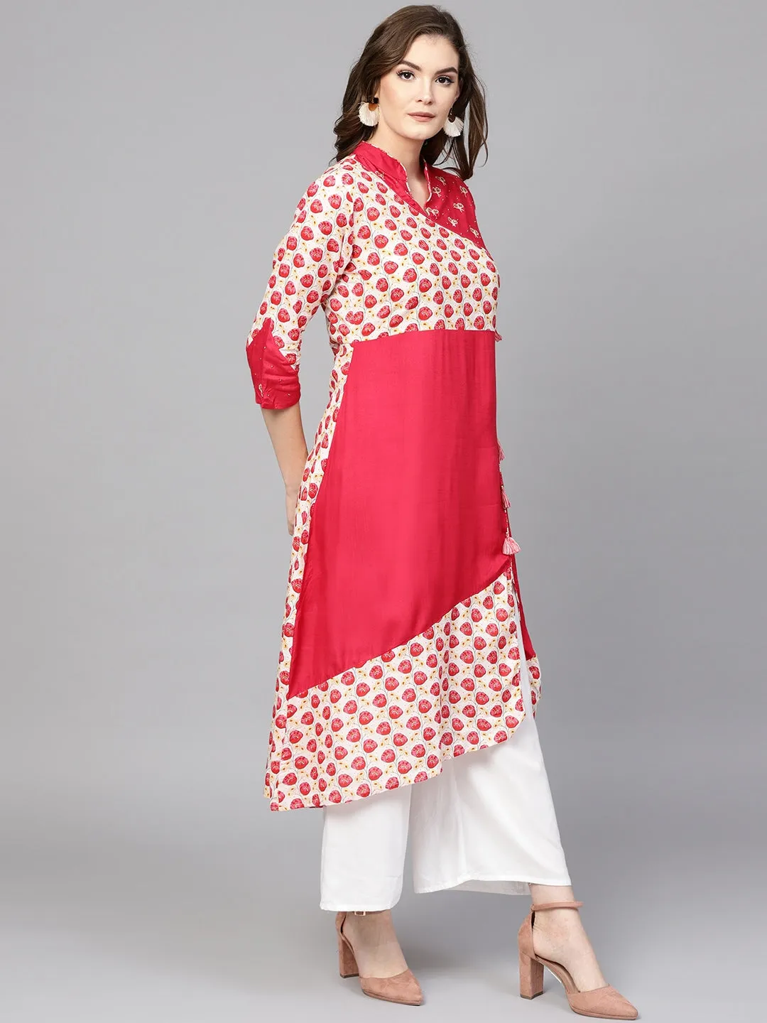 Women Pink & White Straight Kurta