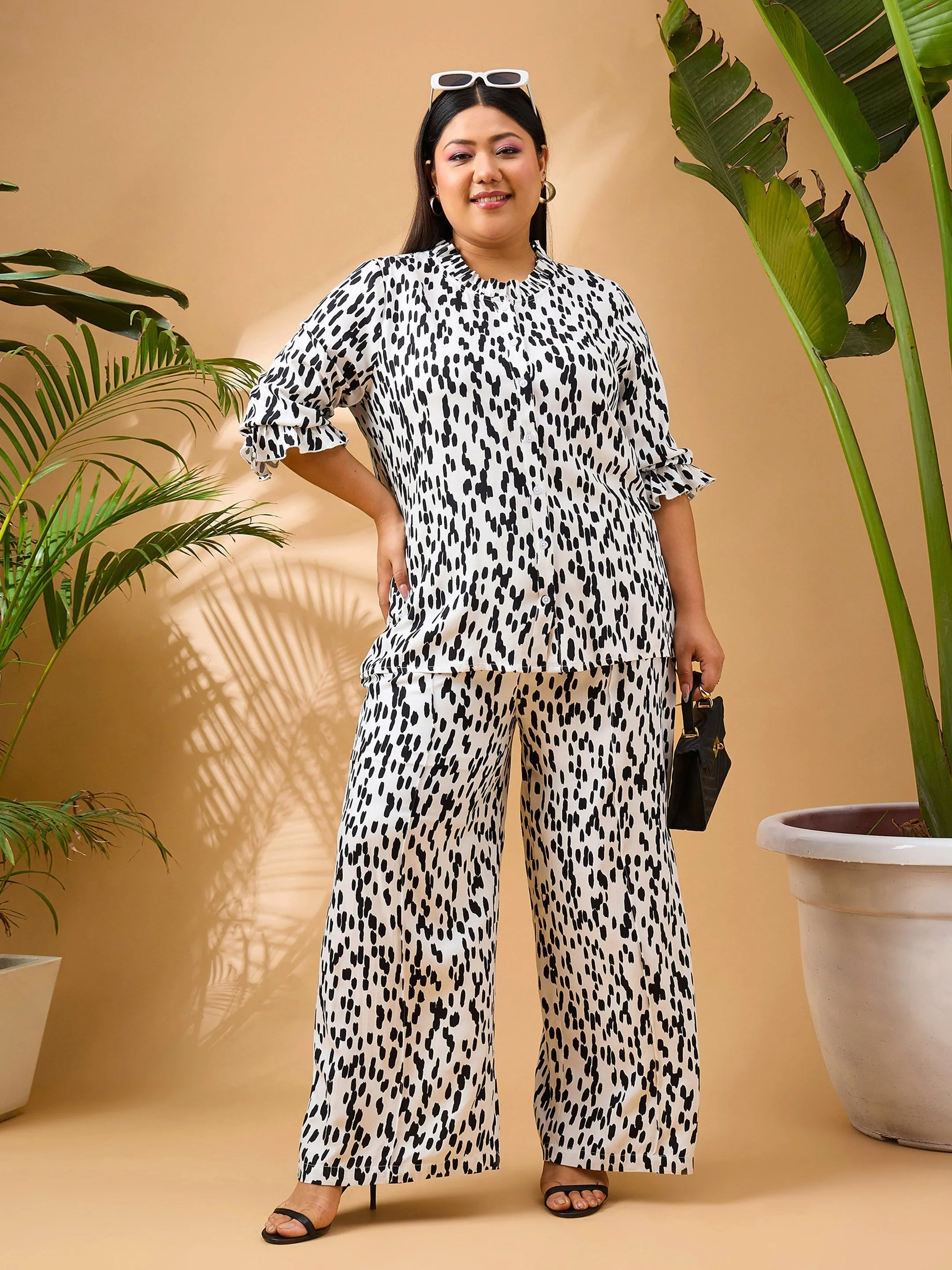 Women White & Black Printed Frill Shirt With Straight Pants