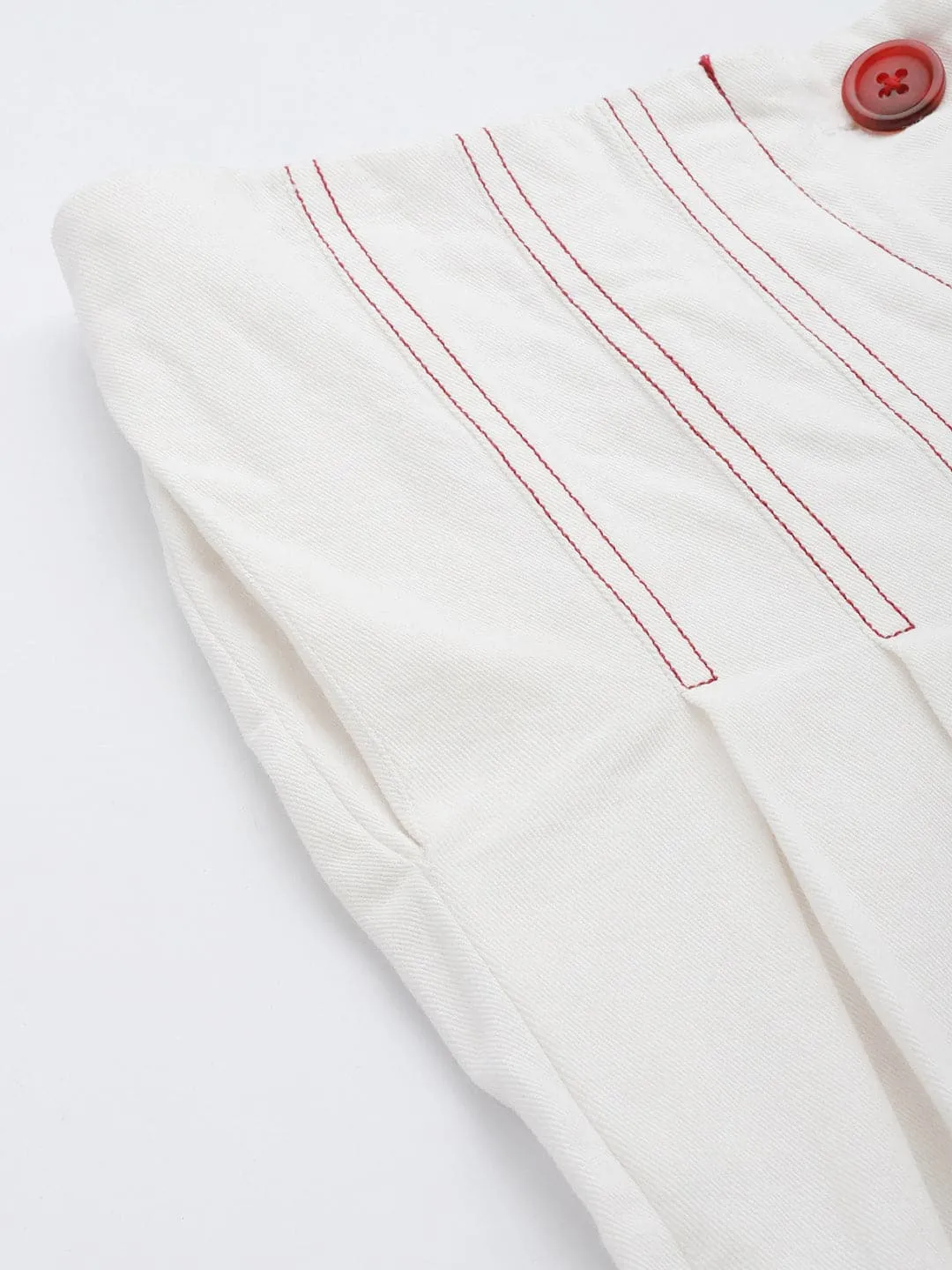 Women White Twill Contrast Stitch Wide Leg Pants