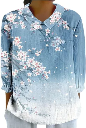Womens Linen Tops Tops Summer Casual V Neck Tshirt Ladies 2024 Floral Print Daily Tees Tunic White Blouse for Women