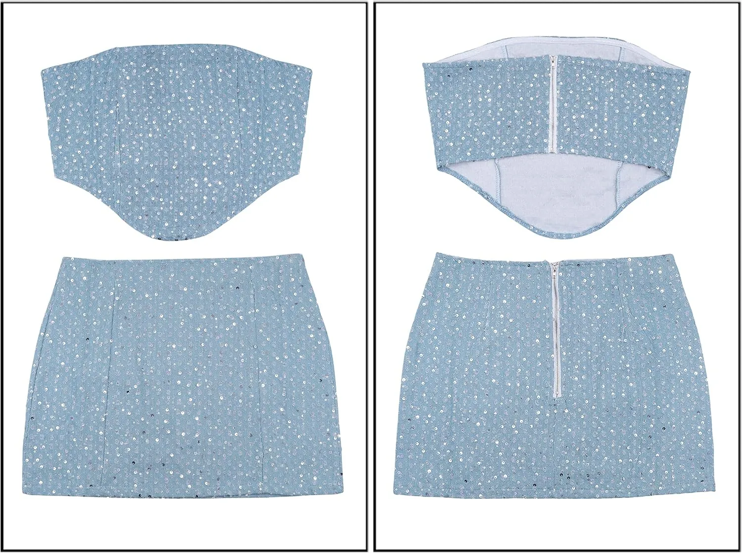 Womens Sequin 2 Piece Outfit Sexy Bandeau Tube Tops Distressed Denim Mini Skirt Sets